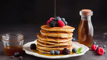 Pancakes with fresh berries and honey on a dark background.の素材