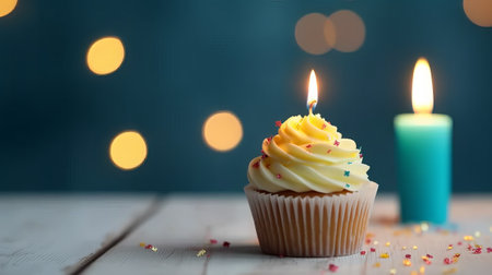 Birthday cupcake with candle on wooden table and bokeh backgroundの素材
