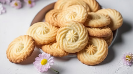Biscuits in a plate on a white background with flowers.の素材