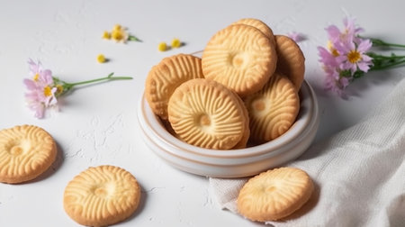 biscuits with butter cream on a white background with flowers.の素材