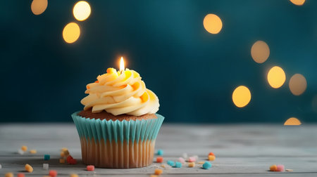 Delicious birthday cupcake with burning candle on table against blurred lightsの素材