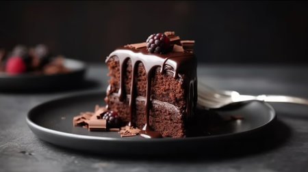 Chocolate cake with raspberries and chocolate shavings on dark backgroundの素材