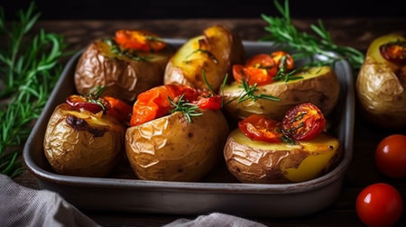 Baked potatoes with tomatoes and rosemary on rustic wooden backgroundの素材