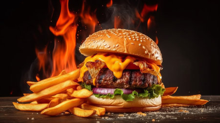 Big tasty cheeseburger with fries on wooden table on fire backgroundの素材