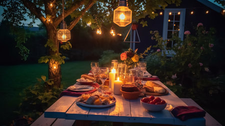 Romantic dinner in the garden at night. Table with food, wine and candles.の素材