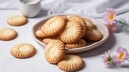 Butter cookies on a plate with milk on a white background.の素材