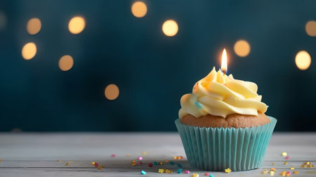 Delicious birthday cupcake with burning candle on table against blurred lightsの素材