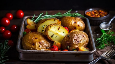 Baked potatoes with rosemary and tomatoes, rustic style, selective focusの素材