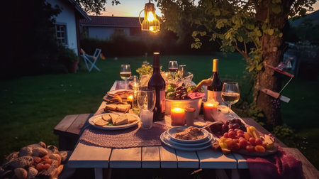Romantic dinner with wine and snacks in the garden at sunset.の素材
