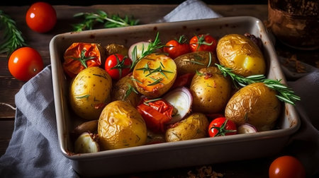 Baked potatoes with rosemary and tomatoes on rustic wooden backgroundの素材