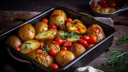 Baked potatoes with cherry tomatoes and rosemary on a wooden backgroundの素材
