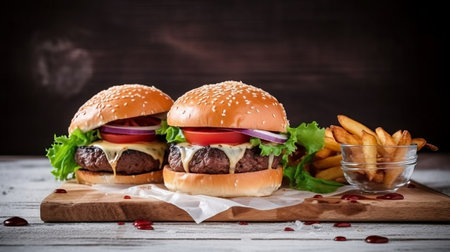 Two tasty cheeseburgers with french fries on a wooden backgroundの素材