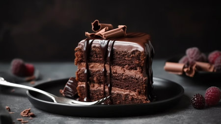 Chocolate cake with raspberries and chocolate glaze on dark backgroundの素材