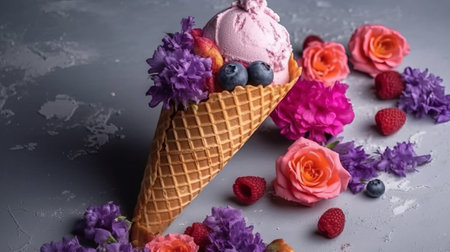 Delicious ice cream in waffle cone with flowers on grey backgroundの素材