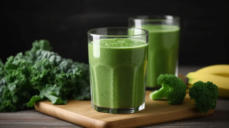 Glasses of tasty kale smoothie on wooden table, closeupの素材