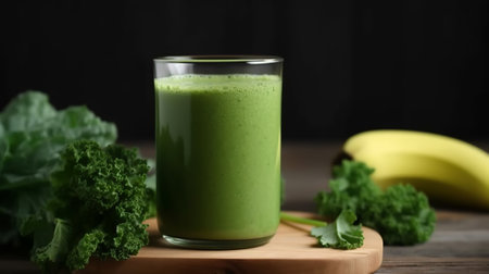 Glass of tasty kale smoothie on wooden table, closeup. Space for textの素材