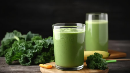 Glasses of tasty kale smoothie on wooden table, closeupの素材