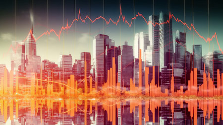 Double exposure of stock market graph and cityscape. Concept of financial analysis and trading.の素材