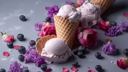 Vanilla ice cream in waffle cone with blueberries and pink flowers on grey backgroundの素材