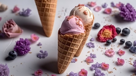 Ice cream in waffle cone with berries and lilac flowers on white backgroundの素材