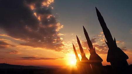 Silhouette of a group of missiles in the sky at sunsetの素材