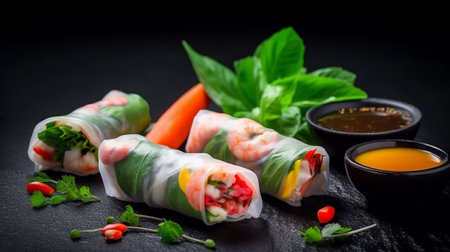 Fresh spring rolls with vegetables and sauce on black background. Selective focus.の素材