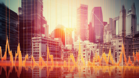 Double exposure of forex chart over cityscape background. Concept of financial analysis.の素材