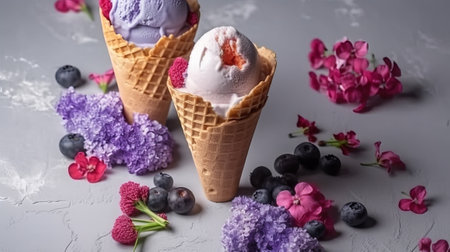 Vanilla ice cream in waffle cone with berries and lilac flowersの素材