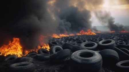 Car tires burning in the middle of the road. 3d illustrationの素材