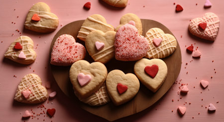Heart shaped cookies on wooden background, top view. Valentine's Day celebrationの素材