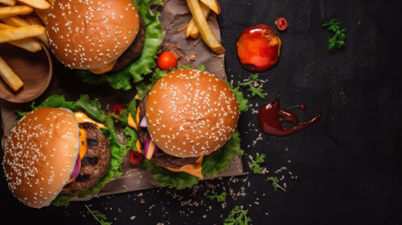 Top view of two hamburgers with french fries on black backgroundの素材