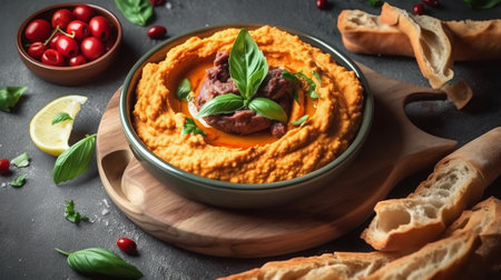 Bowl of delicious hummus with tomatoes and basil on dark backgroundの素材