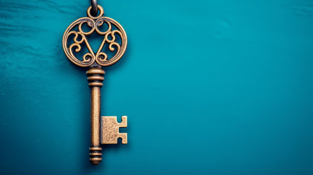 Vintage key on blue wooden background with copy space, close upの素材