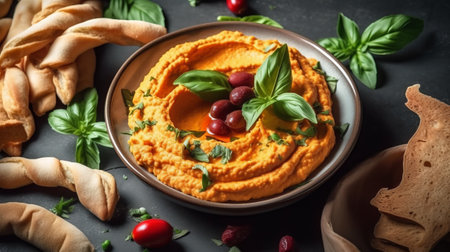 Traditional chickpea hummus with fresh basil and cherry tomatoes on dark backgroundの素材