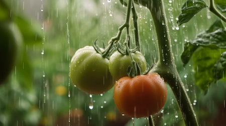 Tomatoes on a branch in the rain. Selective focus.の素材