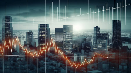 Double exposure of business graph and cityscape. Concept of stock market.の素材