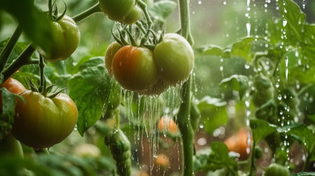 Tomatoes growing in a greenhouse. Water drops on green tomatoes.の素材
