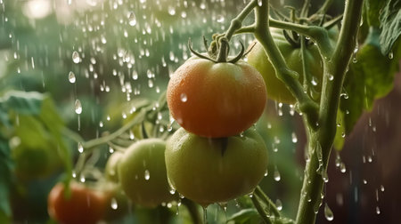 Ripe tomatoes on a branch in the garden under the rain.の素材