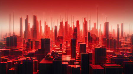 3d render of futuristic city with skyscrapers in red toneの素材