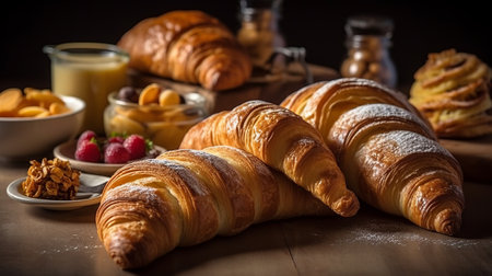 Freshly baked croissants on a wooden table. Selective focus.の素材
