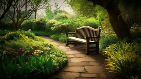 Wooden bench in the garden,3d rendering. Computer digital drawing.の素材