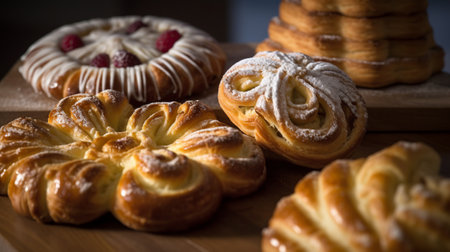 Freshly baked buns with raspberries on a wooden boardの素材