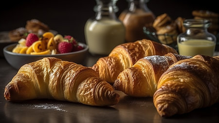 Freshly baked croissants on a black background. French breakfast.の素材