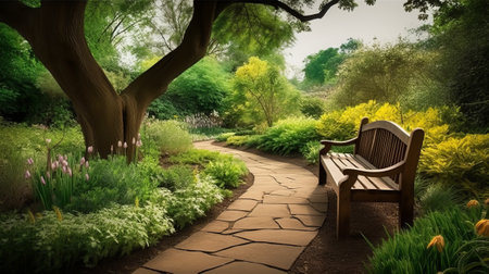 Garden with wooden bench and blooming flowers, 3d renderの素材