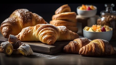 Freshly baked croissants on a wooden board, selective focusの素材