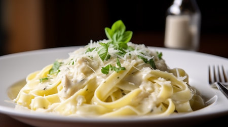 Tagliatelle pasta with cream sauce, parmesan cheese and basilの素材
