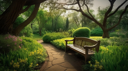 Wooden bench in the spring garden. 3D Rendering.の素材