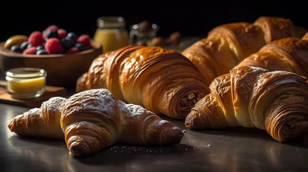 Freshly baked croissants on a black background, close upの素材