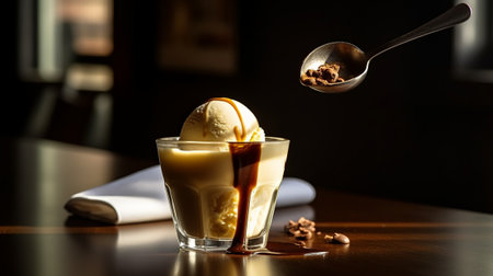 vanilla ice cream with caramel sauce in a glass on the tableの素材