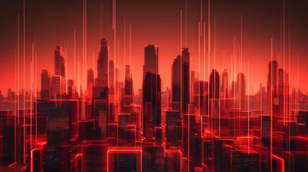 Abstract red city background with glowing neon lines. 3D Renderingの素材